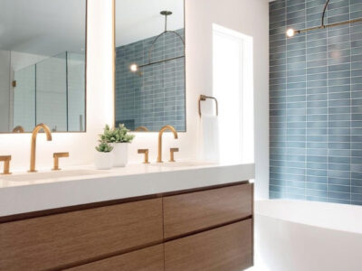 Modern bathroom renovation with bath and vanity